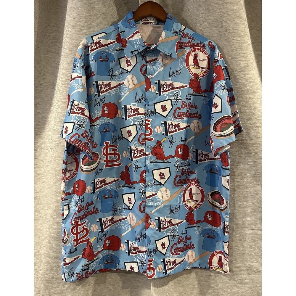 St Louis Cardinals Shirt Mens XL Blue Button Up Baseball MLB Hawaiian Print